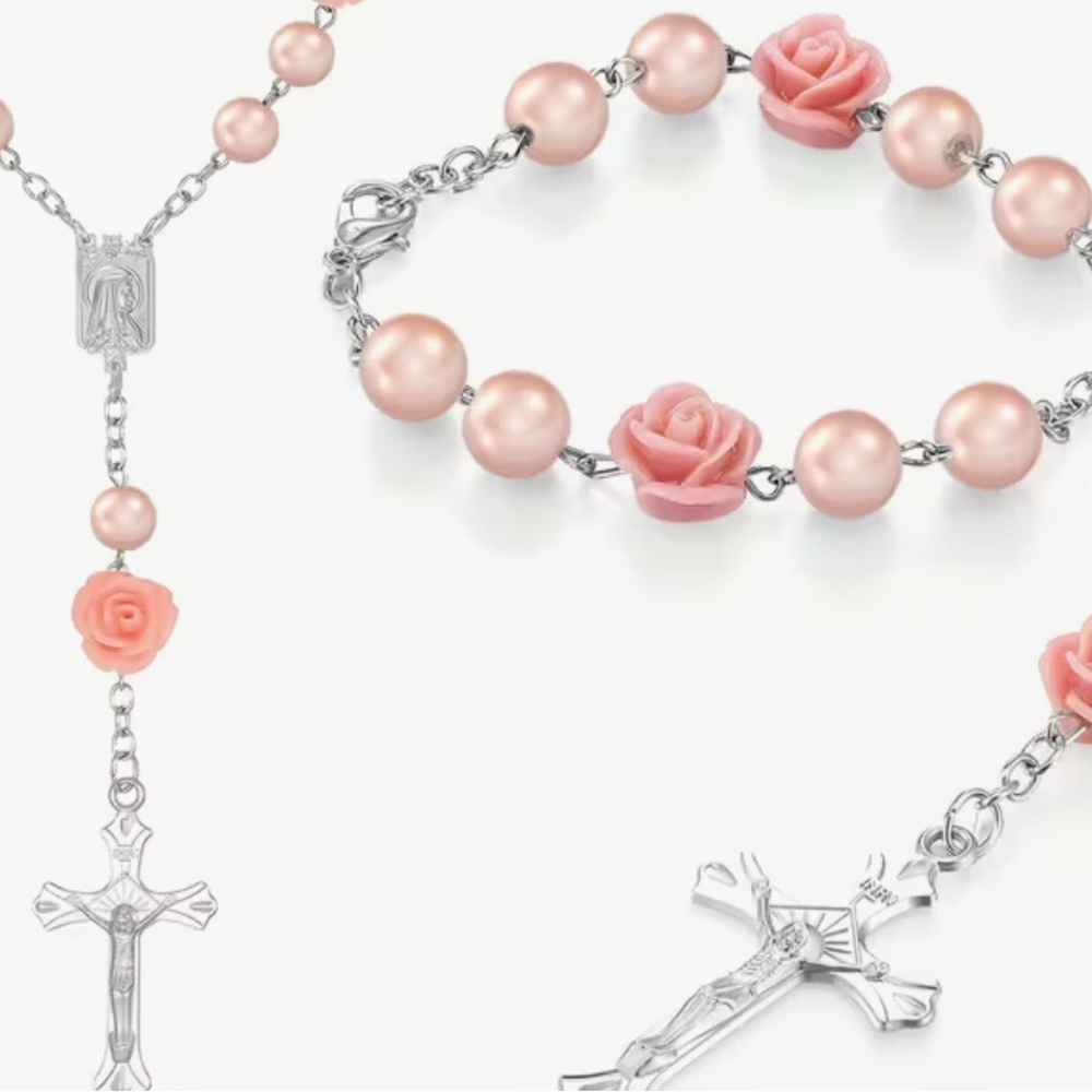 Pink and Silver Rosary Bead Necklace